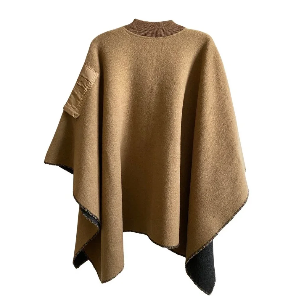 rag & bone Recycled Wool Bomber Poncho One Size Camel Brown Made in Italy - Picture 2 of 11